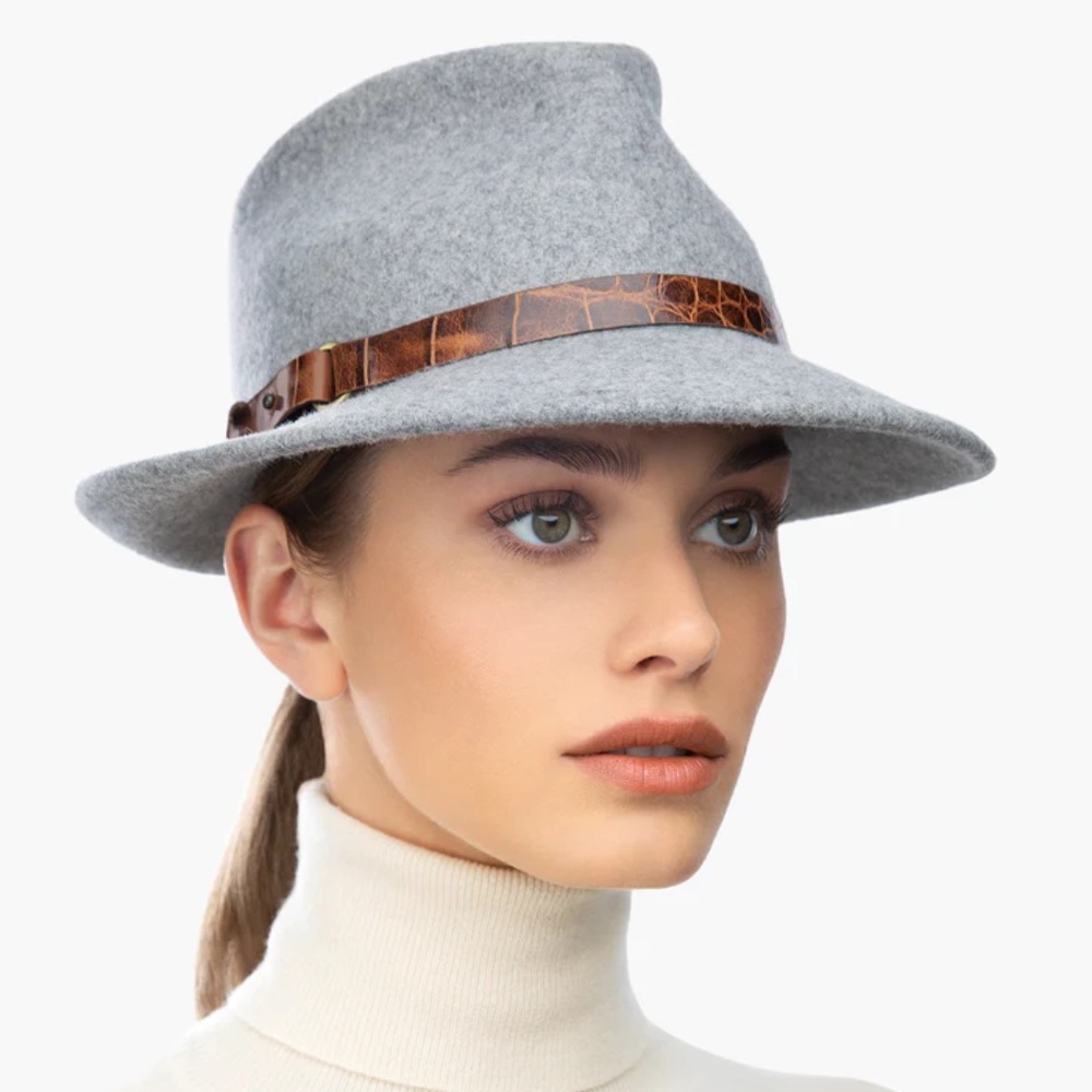 ERIC JAVITS Wool Classic Fedora Hat in Grey Mix Neutral Leather Band One Size